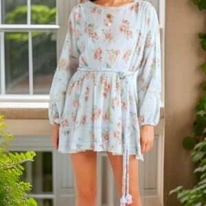 Loveshackfancy Blue Pink Noelle Long Sleeve Mini Dress Small